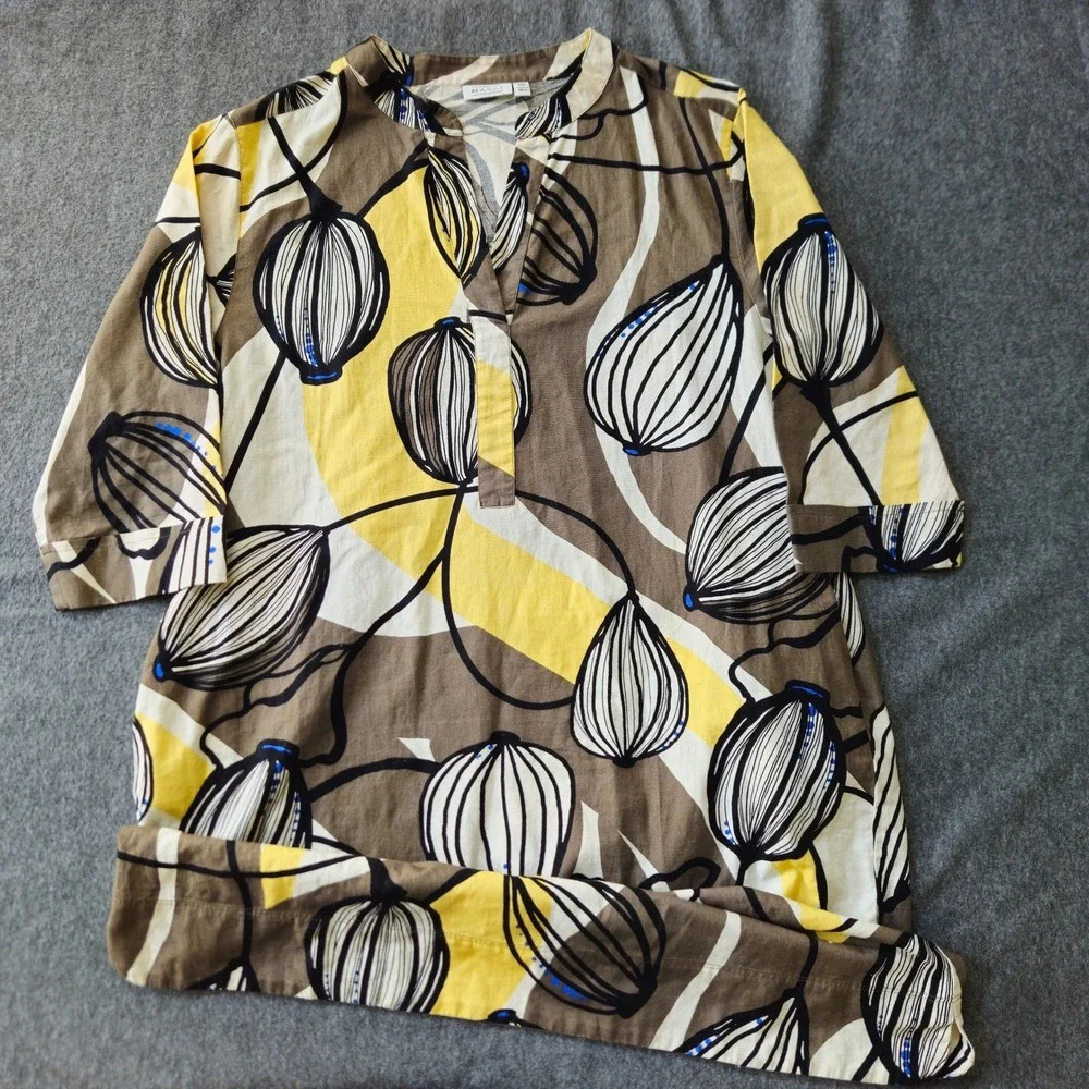 Masai‎ Copenhagen XXL Tunic Top Yellow Brown Linen Cotton Art to Wear Lagenlook
